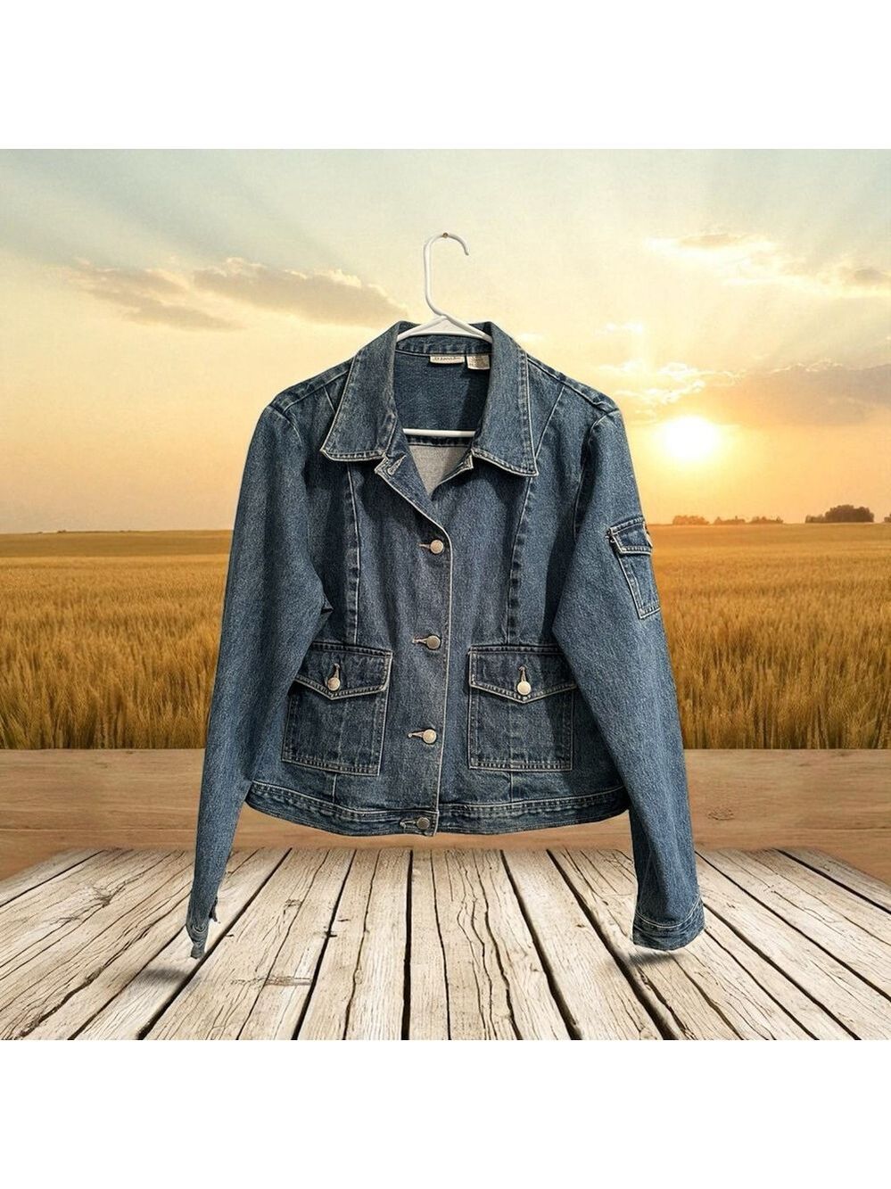 St. Johns Bay Denim Jean Jacket Womens Large Blue Distressed Pockets 100% Cotton